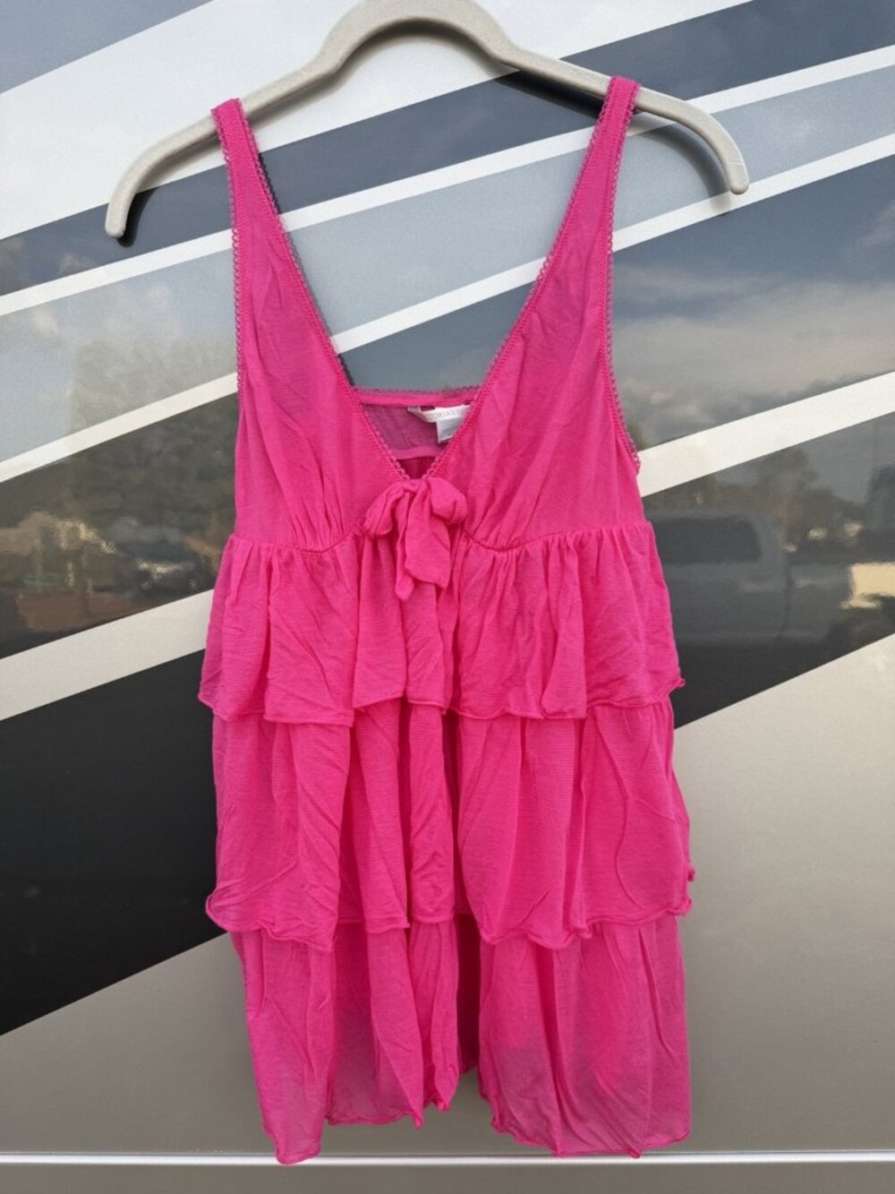 Victoria's Secret hot pink ruffle tiered camisole babydoll tank M mesh glam